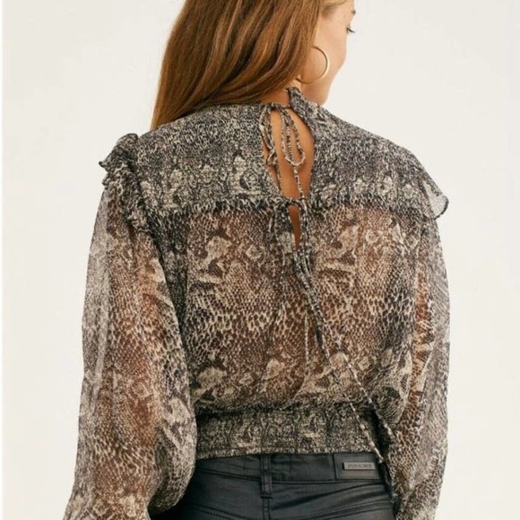 Free People Womens Roma Chiffon Top Medium Black Gray Snake Combo Ruffle Smocked - Picture 2 of 12